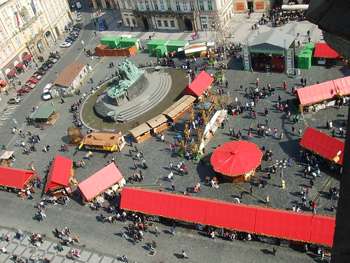 The Easter market in Staromestské námestí (Old Town Square) taken from the top of the clock tower.