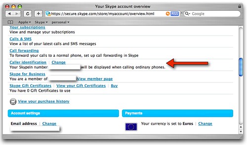 Caller identification with SkypeIn number