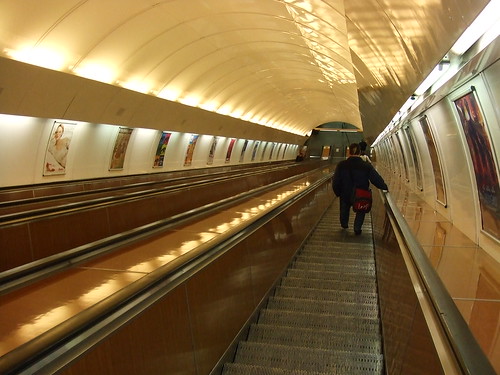 The escalators leading down to the Metro platform at the Námestí Republiky Metro station on Line B.