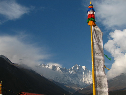 Nepal - Prayer flag pole in front of Lhotse and Everest