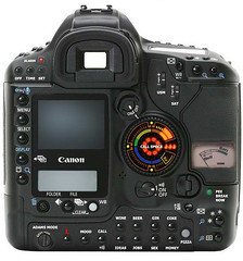 A modified image of a Canon 1D series camera with extra buttons and sci-fi looking instruments. 