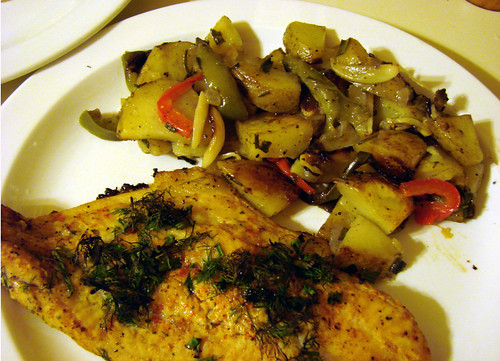Grilled potatoes and veggies and Cat Fish