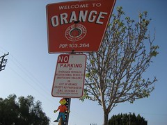 Flat Stanley poses with the "Welcome to Orange" sign. (04/07)