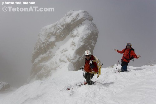 Neil and Chris loving life at the bottom of the Ford Couloir on the Grand Teton