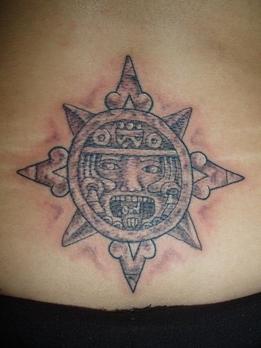 male back tattoos. Aztec lower Back Tattoo by Jon