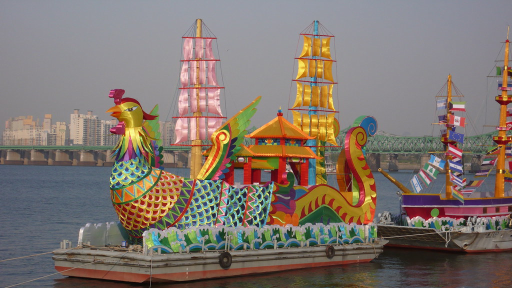 Decorated boats on the Han River at the stage off yeouido