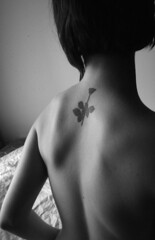 Violator #2 (De-bee) Tags: blackandwhite selfportrait black girl rose tattoo back feminine topless depechemode violator backless backshot shoulderblades