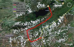 Satellietfoto van reisroute van Rio Dulce (Guatemala) naar Copán Ruínas (Honduras)