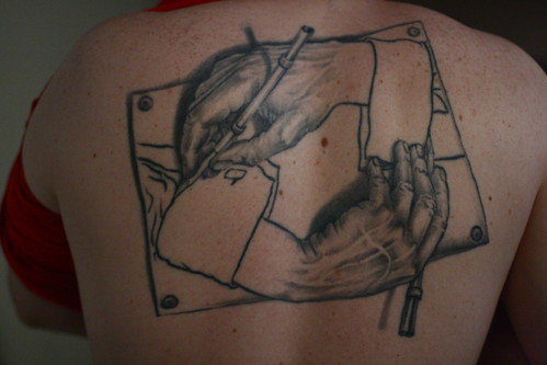 Escher's Drawing Hands eg with the hands holding tattoo guns instead