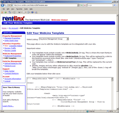 Edit WebLinx Template Screen Shot