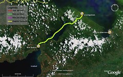 Satellietfoto van boottrip van Livingston naar Rio Dulce, Guatemala