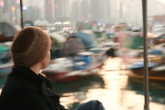 Meg on a boat in the Harbour, Hong Kong
