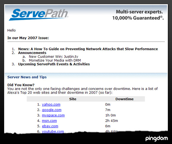 ServePath newsletter with Pingdom data