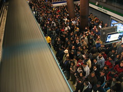 Crowds waiting to board subway train