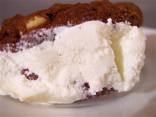 Chocolate White Chocolate Chip Cookie and Vanilla Bean Ice Cream Sandwiches.