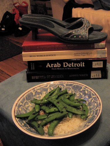 shoes, books, snap peas