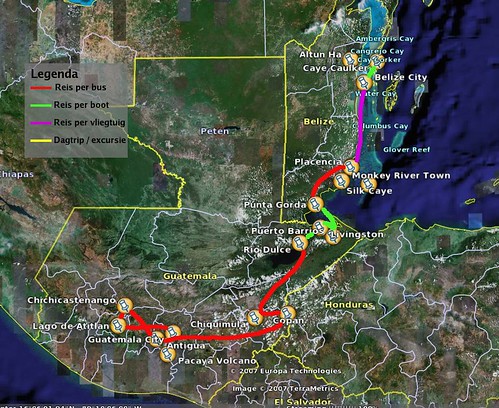 Map of Youssouf's travels through Belize, Honduras and Guatemala