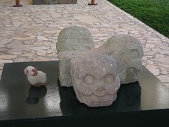 Completing the 3 carved stone skulls - Youssouf at the Copán Museum - Maya site Copán, Honduras - 11 April 2007