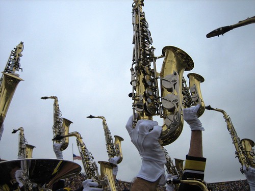 View of saxophones being held up by the bottom of the instrument by the gloved hands of the players in the marching band