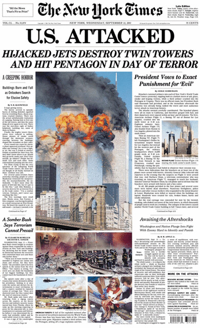 On Sept. 11, 2001, suicide hijackers crashed two airliners into the World Trade Center in New York, causing the 110-story twin towers to collapse. Another hijacked airliner hit the Pentagon and a fourth crashed in a field in Pennsylvania