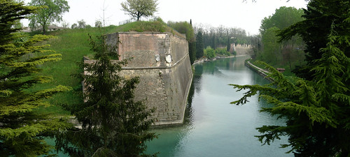 Old city walls and moat in Peschiera, Italy