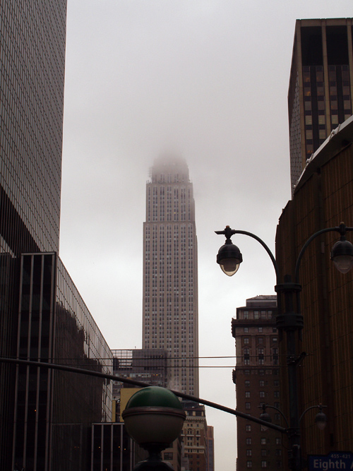 Empire State Building obscured by clouds