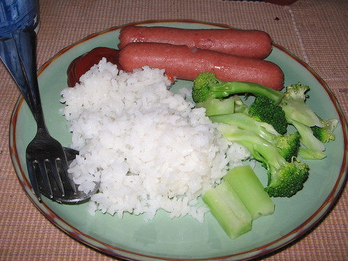 Hotdogs and Rice with Broccoli.