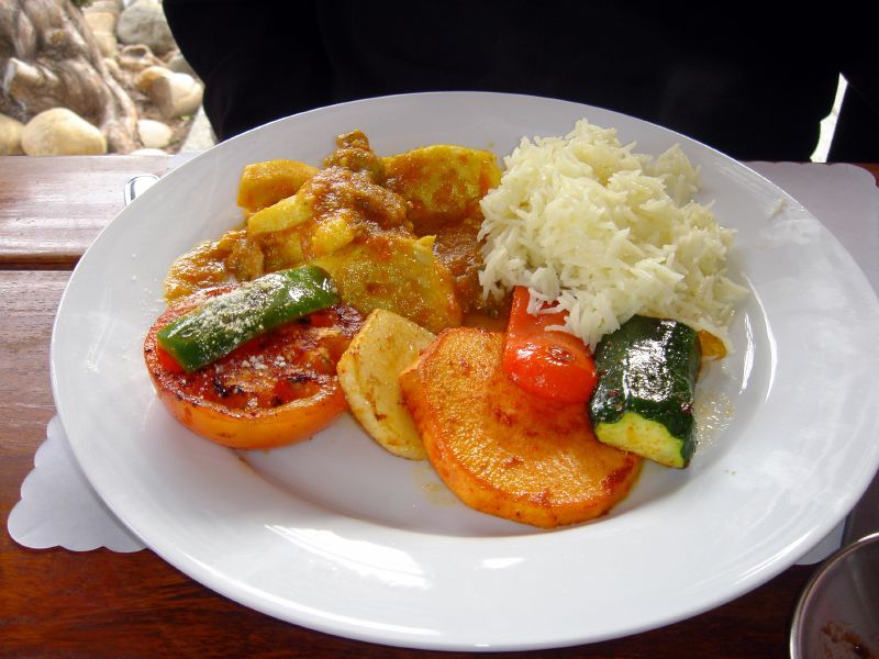 Fresh Sea Bass with Roasted Vegetables in Curry Sauce