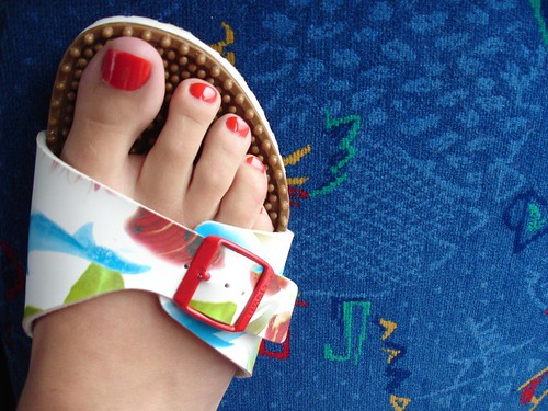 Red toe nail designs match with colorful berkinstocks, nail art for toenails
