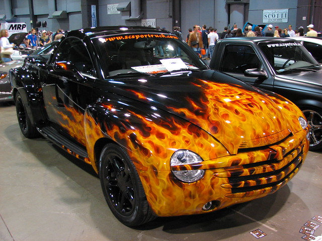 cars fire colorful flames paintjob chevroletssr montrealautoshow sportcompactperformance interestingness416 explore16oct2005 i500