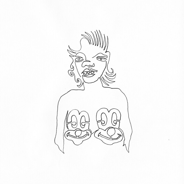 a single line drawing of MADONNA with mickey mouse tits, like the Ron English painting.