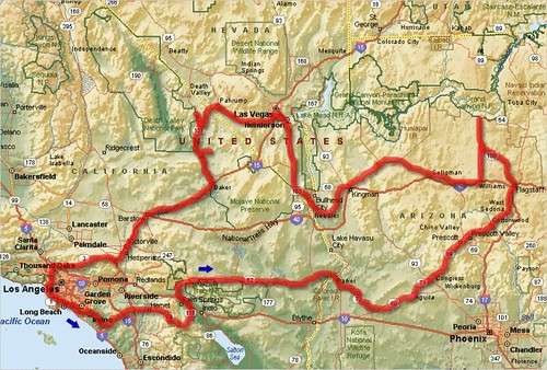 Route map: Arizona, Nevada, California. Map showing our 8-day trip starting 