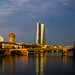 Frankfurt, goldener Sonnenuntergang über dem Main (EZB  Tower)