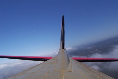 Inflight, looking back to the tail.