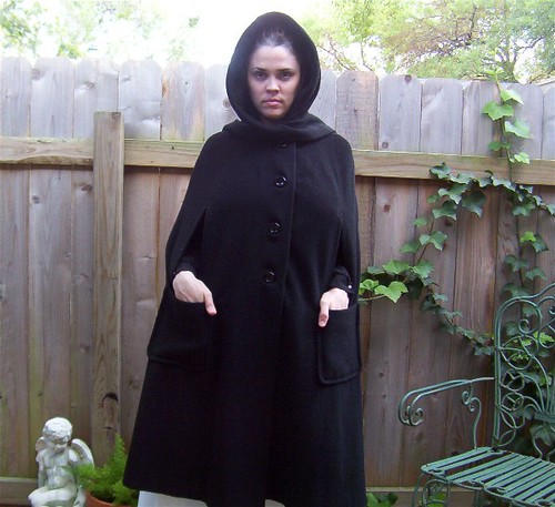 black wool cape. 70s lack wool hooded cape. hood has attached neck wrap - 70s, maybe late 60s