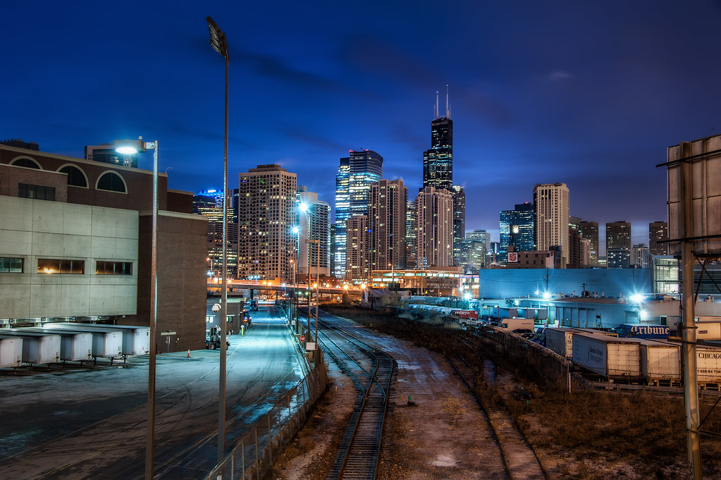 A view of the Skyline from the train yard at the intersection of Halsted and Chicago Avenue.