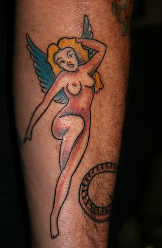 angel tattoo art on the foot and sexy girl back body