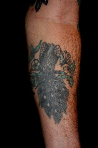 Peacock with 3 Flowers tattoo - By Bob Shaw at Bert Grimm's Shop, 