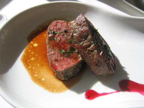 Venison with jus and parsley.