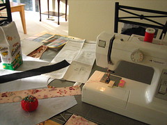 sewing at the dining room table