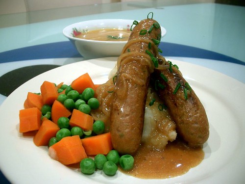 Macro's Organic Beef and Vegetable Sausages, Mashed Potatoes and Onion Gravy by avlxyz.