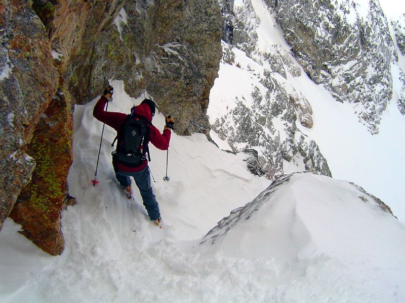 Setting up in the entrance to Sentinel Couloir