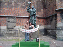 Ann and I in from of a sportive Martin Luther, in Hannover during the 2006 World Cup.