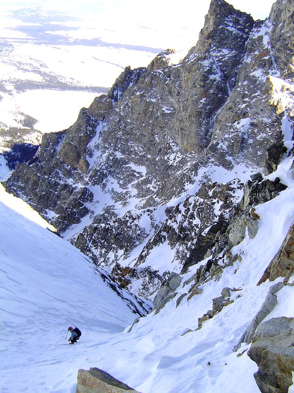 Skiing Diagonal Couloir with Teewinot behind