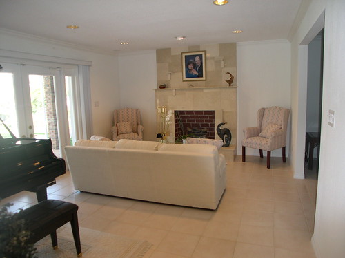 Family room with marble fireplace and french doors to pool patio,house, interior, interior design