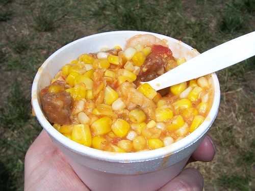 Shrimp-and-sausage maque choux from the United Houma Nation stand at JazzFest, New Orleans