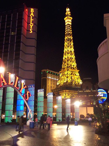  Entrance to Bally's Hotel with Paris Hotel in background at night, 