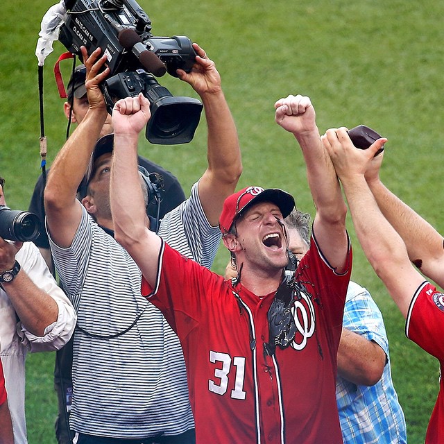 Bring on the chocolate syrup! After a controversial hit-by-pitch with two outs in the ninth ruined what wouldve been a perfect game, Washington Nationals RHP MAX SCHERZER still hurled a no-hitter.