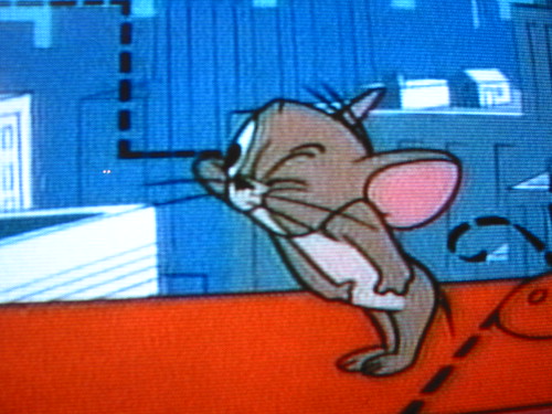 cartoon characters tom and jerry. Jerry spies Tom