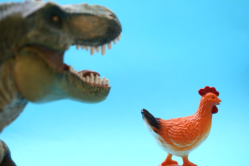 Pollo y un dinosaurio